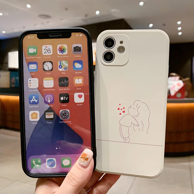 Cute Minimalist Couple Line Art Phone Case Set – Black & White Matching Covers