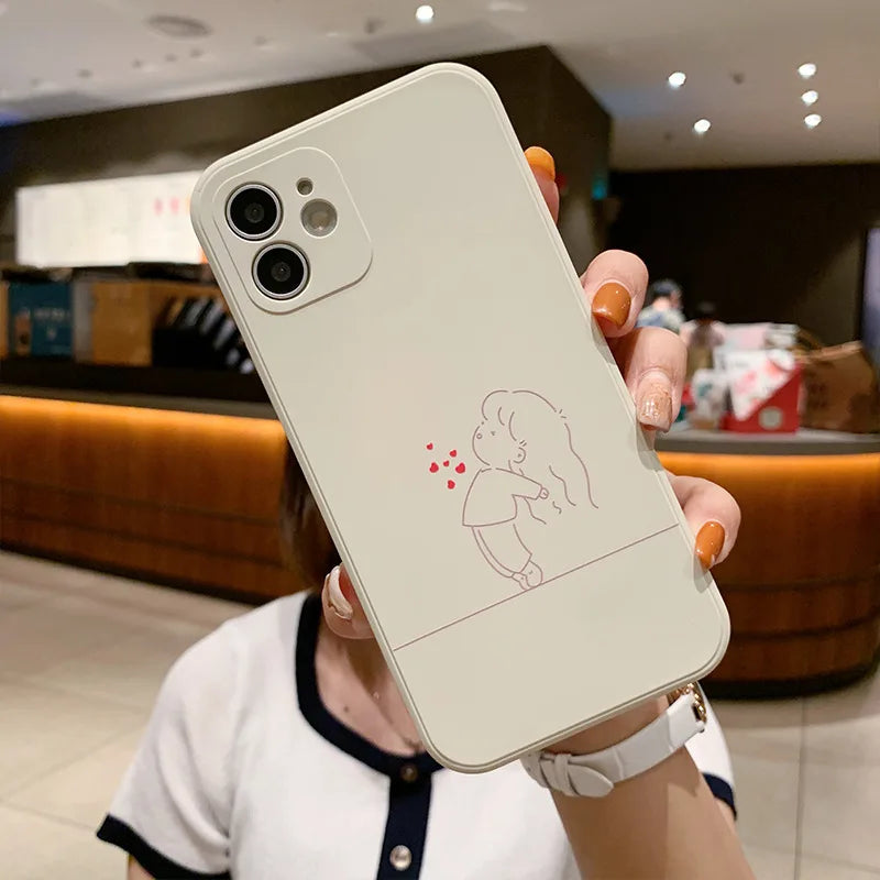 Cute Minimalist Couple Line Art Phone Case Set – Black & White Matching Covers White