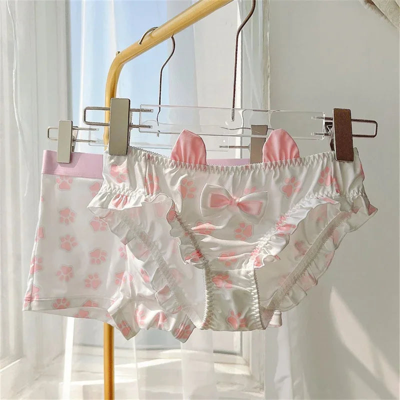 Cute Matching Pink Paw Print Couples Underwear Sets – Premium Cotton