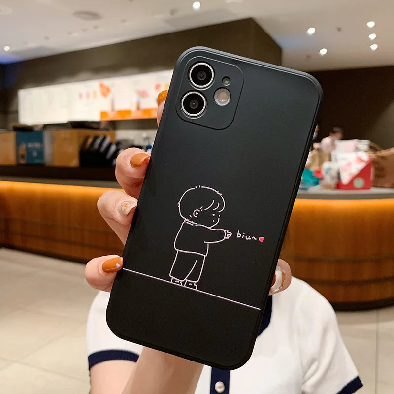 Cute Minimalist Couple Line Art Phone Case Set – Black & White Matching Covers Black