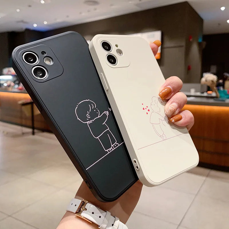 Cute Minimalist Couple Line Art Phone Case Set – Black & White Matching Covers