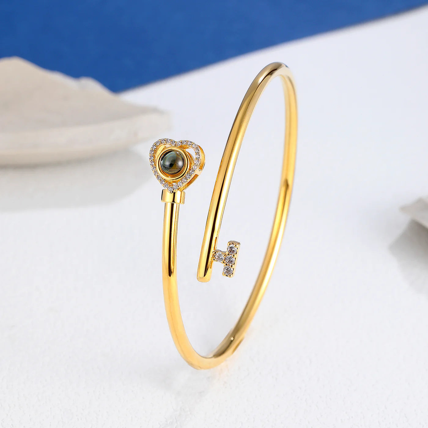 Love Key Photo Projection Bangle Bracelet with Picture Inside Gold