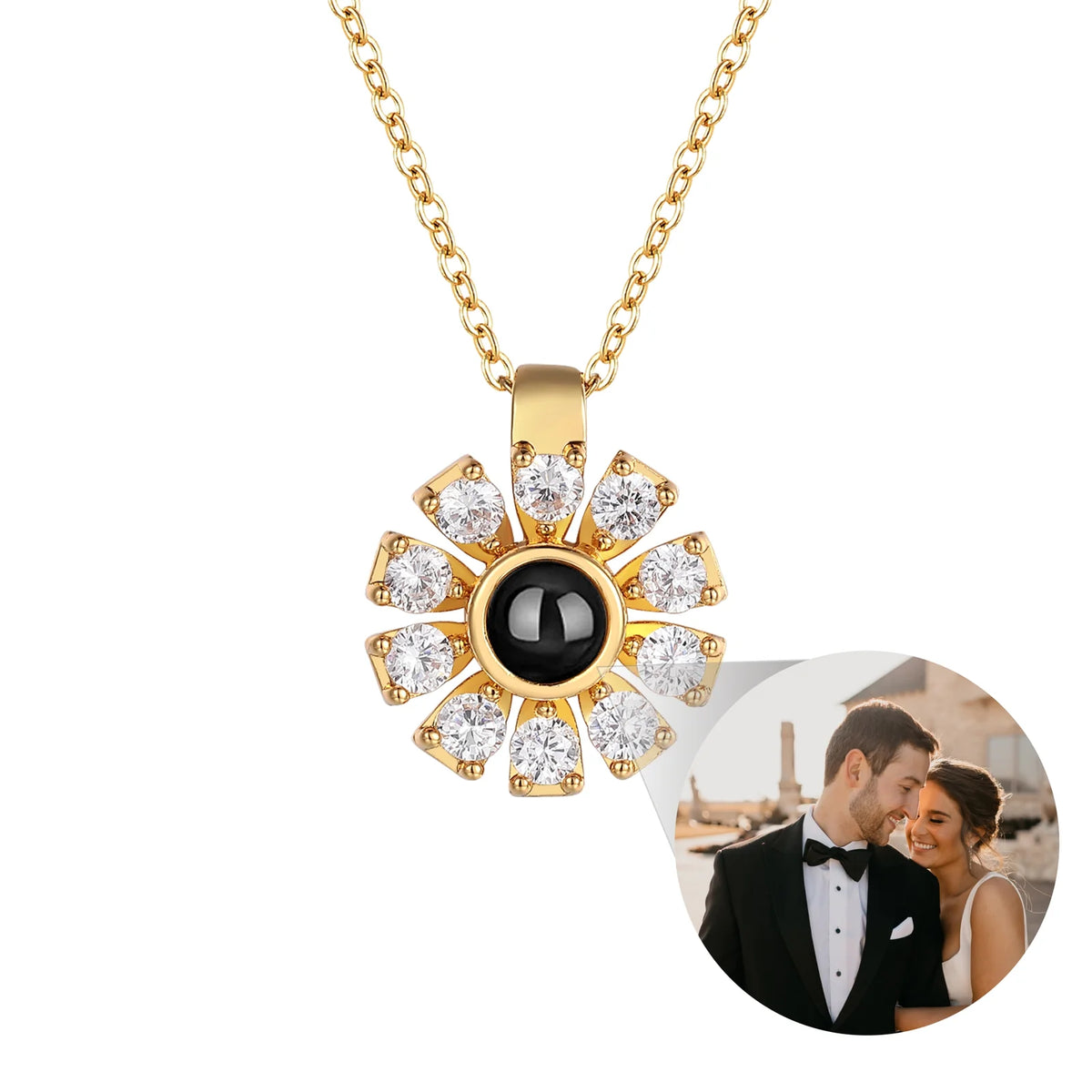 Photo Projection Blooming Flower Necklace with Picture Inside Gold