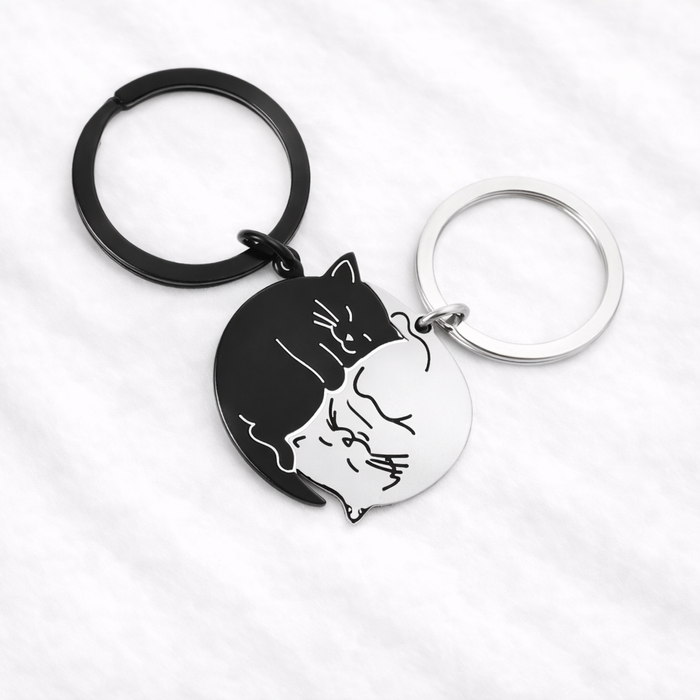 Yin Yang Cat & Dog Couple Keyring Set – Matching Pet Lover Keychains in Black and Silver