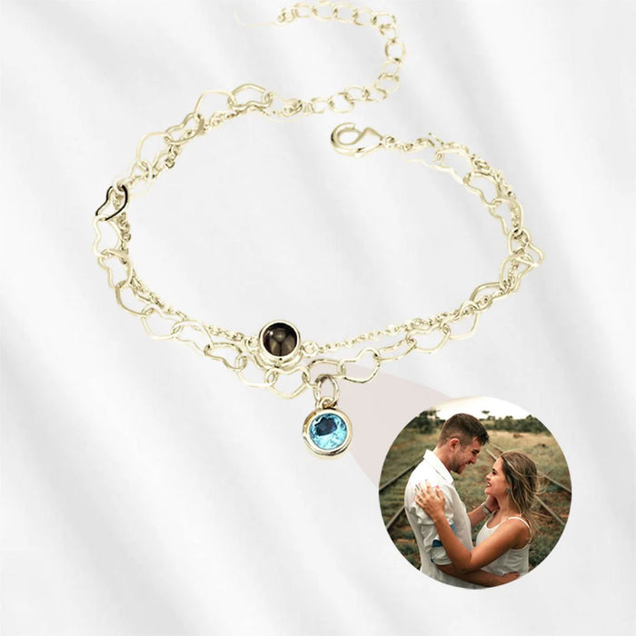 Birthstone Photo Projection Bracelet – Heart Chain with Picture Inside Gold