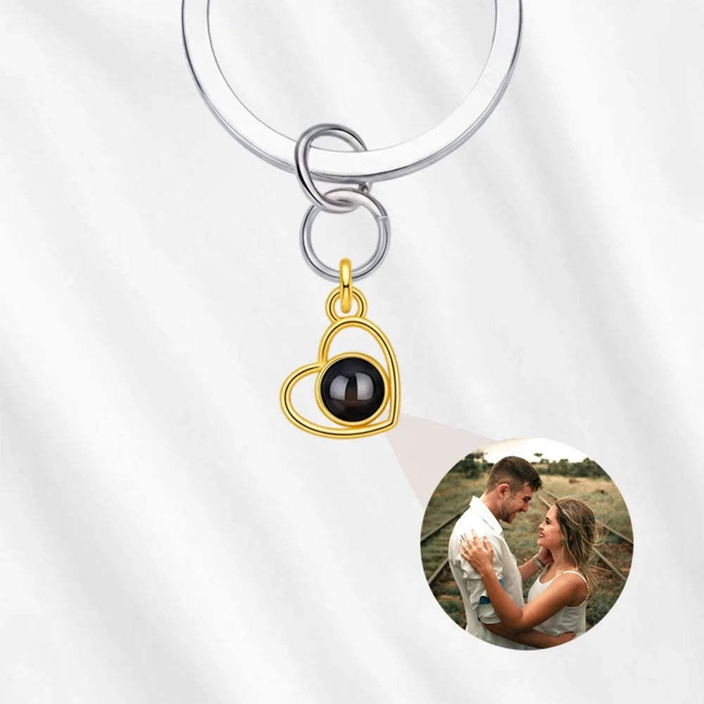 Heart Photo Projection Keychain with Picture Inside Gold