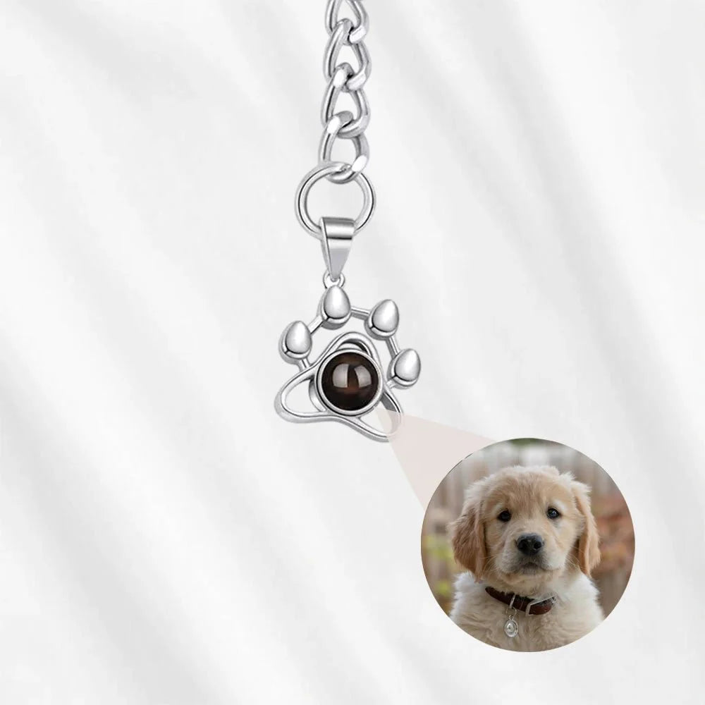 Pet Projection Keychain Paw Print with Photo Inside Silver