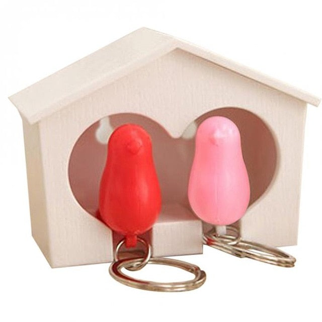 Engraved His and Hers Bird Keyring Duo in Wooden Keepsake Stand Pink & Red