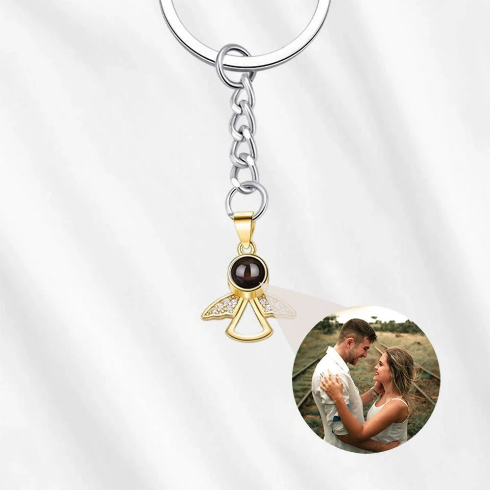Angel Photo Projection Keychain with Picture Inside Gold