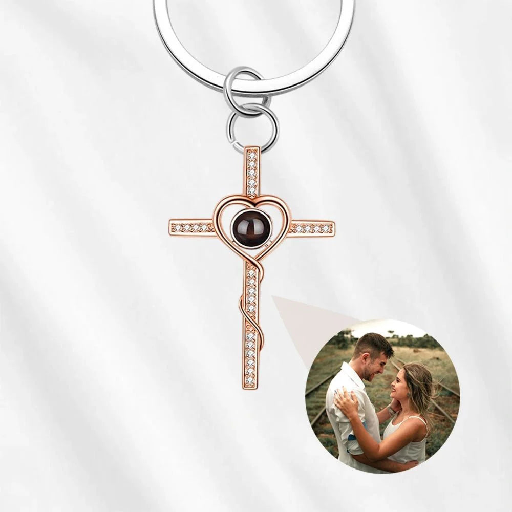 Memorial Photo Projection Keychain – Cross with Picture Inside Rose gold