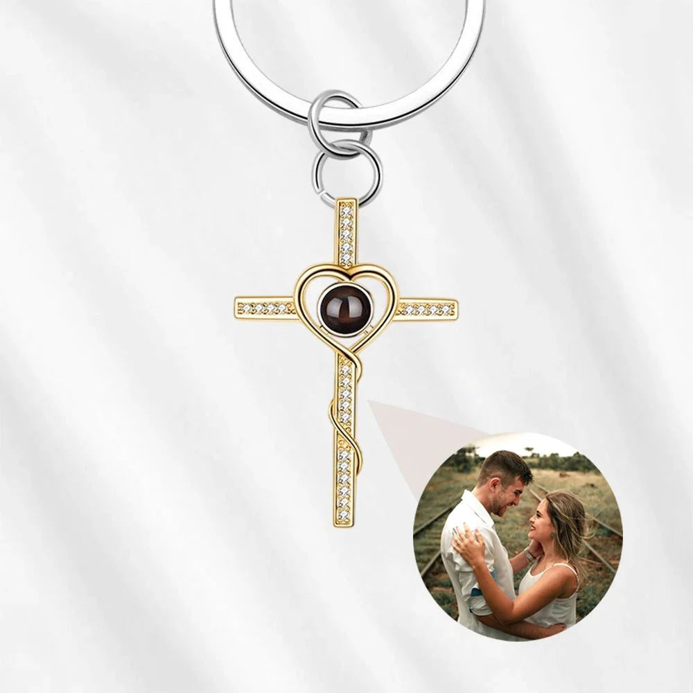 Memorial Photo Projection Keychain – Cross with Picture Inside Gold