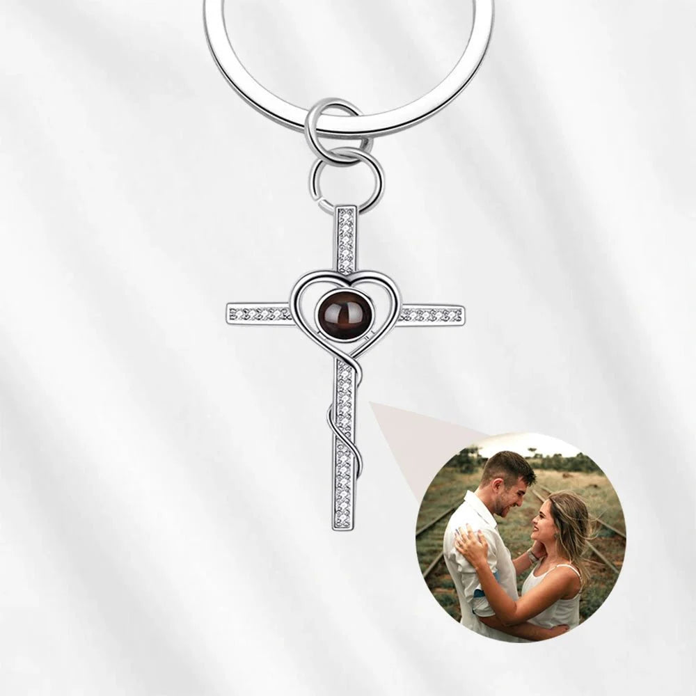 Memorial Photo Projection Keychain – Cross with Picture Inside Silver